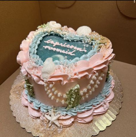 Aqua Baby Cake, Mermaid Core Cakes, Siren Birthday Cake, Mermaid Heart Cake, Mermaid Cake Aesthetic, Mermaid Vintage Cake, Coastal Cowgirl Cake, Beachy Birthday Cake, Mermaid Core Birthday