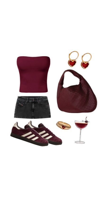 maroon red cherry outfit ideas aesthetic inspo red tube top black denim skirt maroon adidas gazelle outfit going out outfit stockholm style Red Cherry Outfit, Red Tube Top Outfit, Maroon Top Outfit, Cherry Outfit Ideas, Maroon Outfit Ideas, Dua Lipa Concert Outfit, Red Summer Outfits, Maroon Outfits, Gazelle Outfit