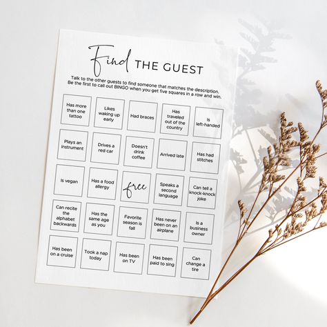 Find the Guest Bingo Printable Fun Birthday Icebreaker Game for Adults Unique Teambuilding Ideas Office Party Bingo Birthday Bingo Group SP2 Birthday Bingo, Bingo Birthday, Find The Guest Bingo, Dinner 2023, Guest Bingo, Find The Guest, Bingo Template, Game For Adults, Ice Breaker Games