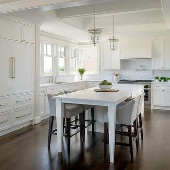 White kItchen Island with Legs as Dining Table Lined with Heather Gray Counter Stools Kitchen Island With Legs, Extended Table, Small Kitchen Tables, Island Table, Small Kitchen Island, Kitchen Island Table, White Kitchen Island, Kitchen Island With Seating, Grey Kitchen Cabinets