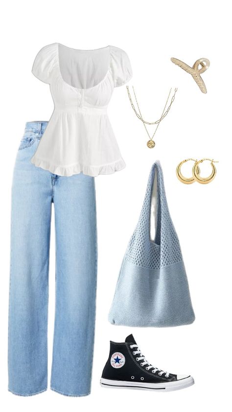 White Top Outfit For School, School Outfit Anime, School Outfits Anime, Casual Women Summer Outfits 2024, White And Denim Outfits, Kids School Outfits, School Outfits For Boys, Wide Denim Pants, Boys School Outfits