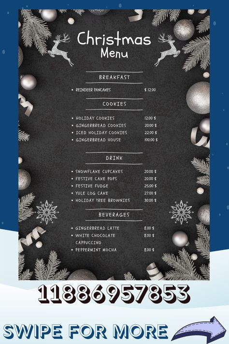 Requested by : @(bestgymnast2210) !!! Christmas food menu decals for the new 2022 christmas food on bloxburg! enjoy the menu decals! #roblox #bloxburg #bloxburgdecals #bloxburgmenu #decals #bloxburgchristmas #bloxburgchristmasmenu #bloxburgchristmasfood Bloxburg Diner Menu Codes, Cafe Outfits Bloxburg, Bloxburg Christmas Menu Codes, Starbucks Menu Codes Bloxburg, Bloxburg Winter Festival, Bloxburg Halloween Cafe Decals, Christmas Town Layout Bloxburg, Bloxburg North Pole Layout, Bloxburg Christmas Town Ideas