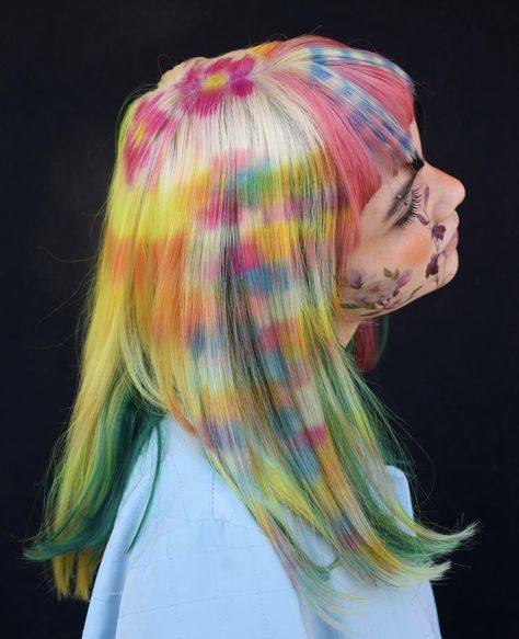 Striped Hair Color, Creative Hair Dye, Creative Hair Color Placement, Hair Dye Designs, Raccoon Stripes, Flowy Yellow Dress, Vivid Aesthetic, Bug Core, Funky Hair Colors