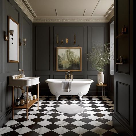 Victorian Style Bathroom, Dark Bathrooms, Art Deco Bathroom, Victorian Bathroom, Deco Bathroom, Bad Inspiration, Bathroom Paint Colors, Black And White Tiles, Vintage Bathrooms