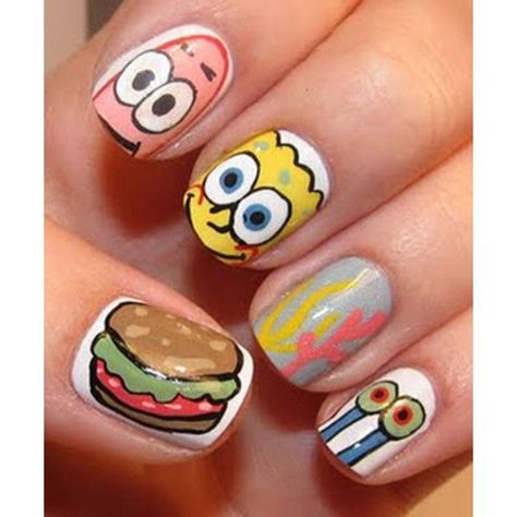 SpongeBob Nails Spongebob Nail Art, Spongebob Nails, Nail Art For Girls, Cartoon Nail Art, Nails 2016, Nail Art Photos, Nagel Tips, Cute Acrylic Nail Designs, Simple Nail Art Designs