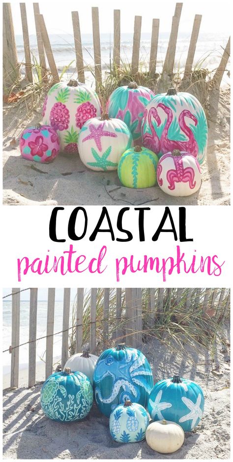 Coastal pumpkin decorating ideas! So cute for the warmer places for Halloween. Coastal Pumpkins, Coastal Halloween, Aesthetic Craft Ideas, Coastal Fall Decor, Craft Ideas For Beginners, Decorated Pumpkins, Craft Pumpkins, Aesthetic Craft, Halloween School Treats