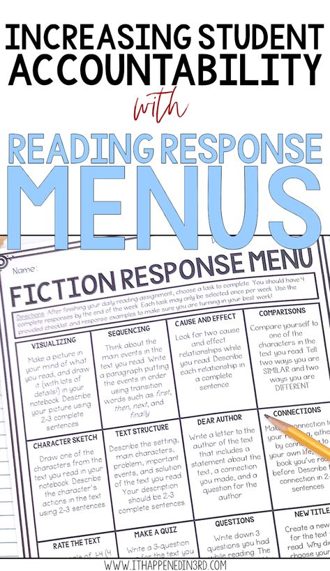 Increasing Student Accountability with Reading Response Menus! - It Happened in 3rd Reading Menus For 3rd Grade, Reading Accountability, Nonfiction Reading Response, Student Accountability, Reading Response Journals, Reading Homework, Reading Response Activities, 6th Grade Reading, Choice Boards