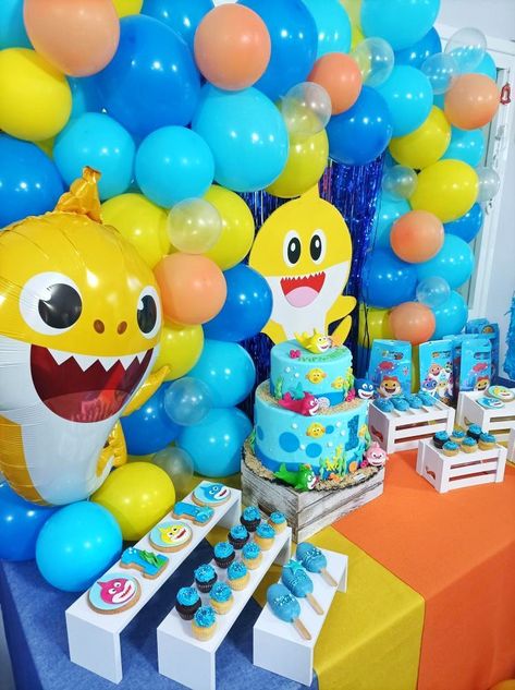 Shark Dessert Table, Baby Shark Dessert Table, Baby Shark Cookies, Baby Shark Theme Birthday, 2nd Birthday Cake Ideas, Shark Mermaid, Cupcake Decorating Party, Candy Bar Ideas, Shark Cookies