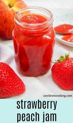 This strawberry peach jam is a true taste of summer. Easy to make, with less sugar than your typical jam, it's perfect on toast and so much more. Without pectin. #jam #canning #strawberry #peach Strawberry Peach Jelly, Peach Jam Recipes With Pectin, Strawberry Peach Jam Recipe, Strawberry Peach Recipes, Strawberry Peach Jam Canning, Pectin Substitute, Peach Canning Ideas, Peach Recipes For Canning, Strawberry Peach Jam