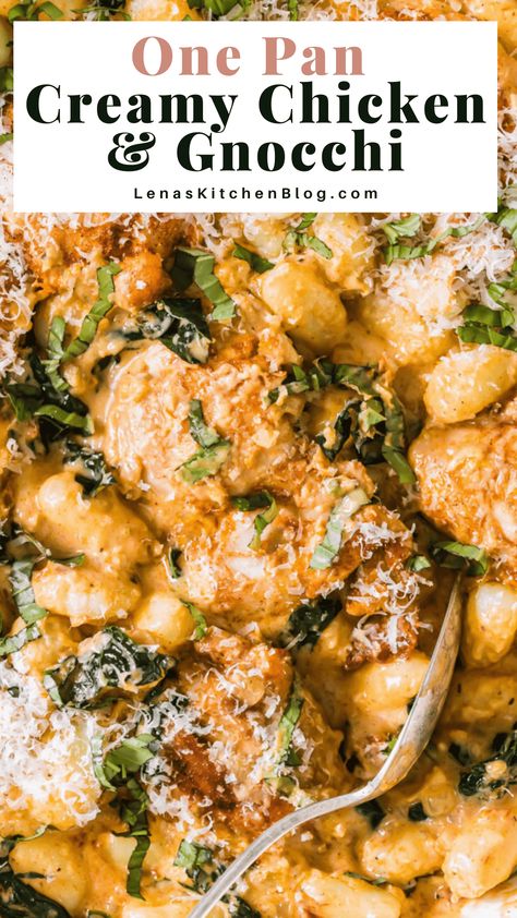 One Pan Creamy Chicken, Creamy Chicken And Gnocchi, Creamy Chicken Gnocchi, Chicken And Gnocchi, Gnocchi Dishes, How To Cook Gnocchi, Homemade Comfort Food, Gnocchi Recipe, Chicken Gnocchi