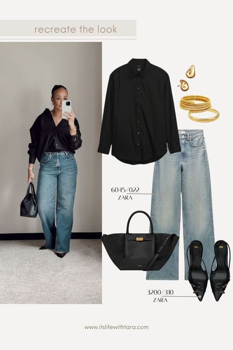 When pairing 2 basic items together. Make the shirt interesting by making it off the shoulder or tucking it in. It makes it more interesting. I love to pair earrings and a statement bag to finish off the look. Winter outfit idea, winter outfits, winter capsule, casual winter outfit, demellier bag, pointy slingback heels Demellier Bag, Outfit Idea Winter, Casual Winter Outfit, Look Winter, Winter Capsule, Jeans Look, Denim Shirt, Heels