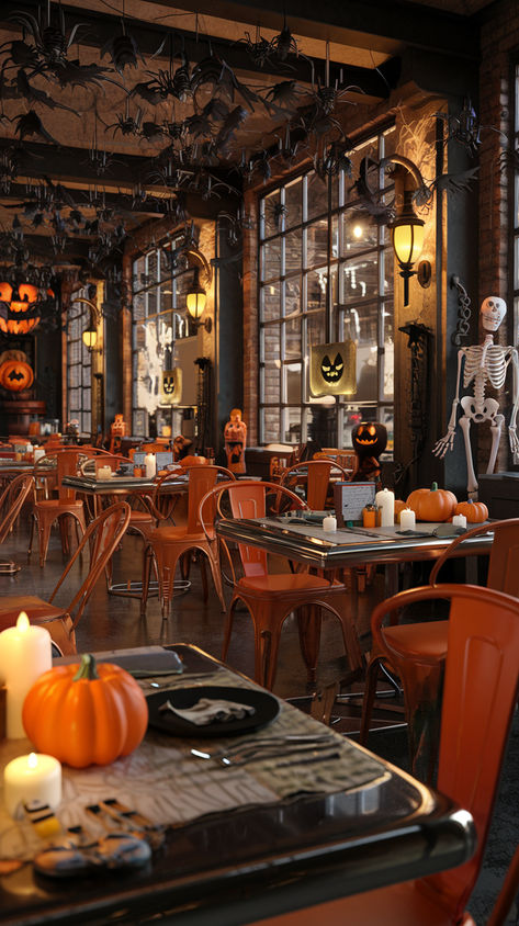 A 3D render of a hyper-realistic restaurant background. The restaurant has a cozy atmosphere with warm lighting, candles on the tables, and a few Halloween decorations, such as pumpkins and a skeleton. The restaurant has a rustic charm with steel furniture and exposed brick walls. The background decoration includes a lot of spiders. The chairs and the table are orange. Halloween Restaurant, Restaurant Background, Elegant Halloween, Halloween Backgrounds, Restaurant Interior, Restaurant, Halloween, 10 Things