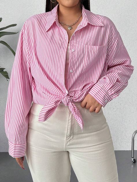 Pink And White Striped Shirt Outfit, Pink Striped Shirt Outfit, White Striped Shirt Outfit, Oxfords Outfit, Pink Striped Shirt, Pink Shirt, Plus Size Blouses, Kids Beachwear, Plus Size Tops