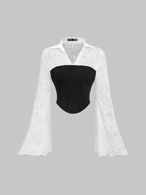 Women Ruffle Sleeve Lace Blouse, Office Siren Autumn Casual Top, Back To School Outfit,Office Wear,Long Sleeve Women Tops Black and White   Long Sleeve Knitted Fabric   Medium Stretch  Women Clothing, size features are:Bust: ,Length: ,Sleeve Length: Lace Formal Top, Long Sleeve White Top Outfits, Cute Lace Tops, Office Tops For Women, Corset Top Long Sleeve, White Tops Outfit, Formal Blouses, Fancy Shirt, Classic Blouses