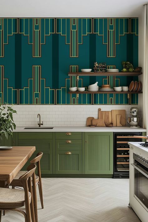 Printed on demand to fit perfect on your wall. Buy Art Deco Elegance wallpaper today or come in and see our other designs. Welcome to Happywall.com! Elegance Wallpaper, Well House, Wishing Well, Mosaic Patterns, Teal Colors, Showcase Design, Interior Spaces, Buy Art, Light Green