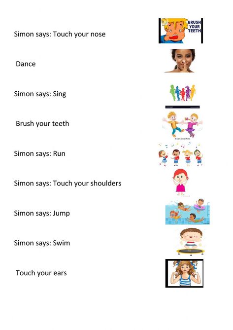 Simon Says Game, Match Worksheet, Body Parts For Kids, Character Actions, Action Verbs, English Language Teaching, Spoken English, English Lessons For Kids, English As A Second Language (esl)