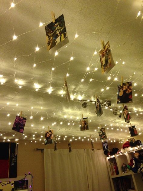 Hanging Pictures From Ceiling, Pictures Hanging From Ceiling, Nye Engagement, Hanging From Ceiling, Hang Photos, Loft Inspiration, Hanging Christmas Lights, 18th Bday, 50th Bday