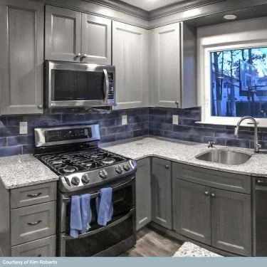 Subway Tile Backsplash | TileBar.com Gray Cabinets With Blue Backsplash, Kitchen Flooring With Gray Cabinets, Cabnits For Small Kitchen, Small Kitchen Cabinets Ideas Layout, Grey And Blue Kitchen Ideas, Kitchen Ideas Grey Cabinets, Blue And Grey Kitchen Ideas, Small Grey Kitchen, Kitchen Color Ideas For Walls