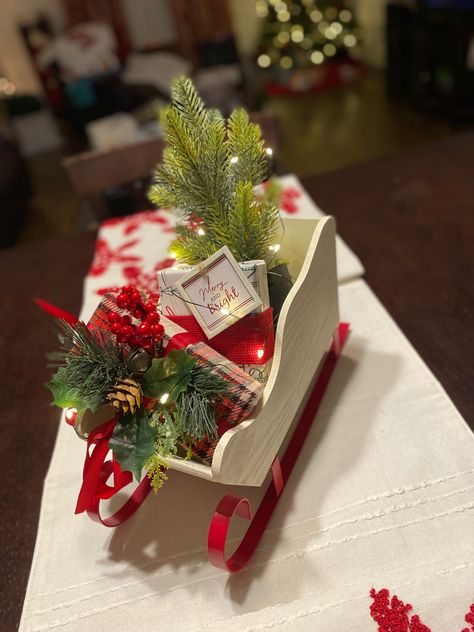 Small Sleigh Christmas Decor, Small Sleigh Decorating Ideas Christmas, Mini Sleigh Decorating Ideas, Tabletop Sleigh Decorating Ideas, Small Sled Decorating Ideas Diy, Small Sleigh Decorating Ideas, Target Dollar Spot Decor Ideas, Sleigh Decorating Ideas Christmas, Christmas Sled Decoration