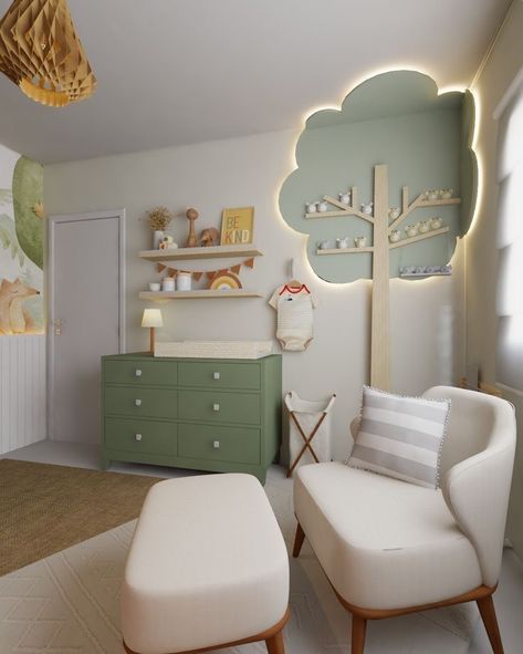 Kids Room Tree, Sage Green Nursery Ideas, Green Nursery Ideas, Sage Green Nursery, Green Baby Room, Cozy Baby Room, Baby Check, Baby Room Ideas, Baby Room Themes