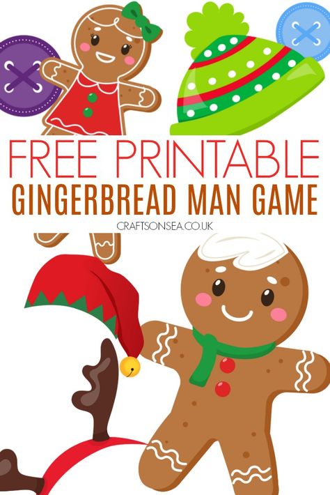 Gingerbread Man Game (FREE Printable) - Crafts on Sea Free Christmas Gingerbread Printables, Gingerbread Man Christmas Party Theme, Gingerbread Man Games Preschool, Gingerbread Bingo Printable Free, Paper Gingerbread Man Decorating Ideas, Printable Puppets Free, Roll A Gingerbread Man Dice Game, Decorate A Gingerbread Man Craft, Printable Gingerbread Man Template