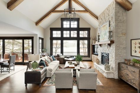 Vaulted Ceiling Living Room, Farmhouse Transitional, Modern Lodge, Transitional Farmhouse, Transitional Living, Room Additions, Transitional Living Rooms, Living Room Windows, Modern Cabin