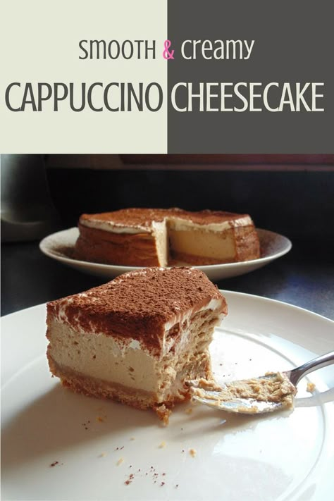 Cappuccino Cheesecake; smooth and creamy coffee baked cheesecake with a cream and cocoa topping! Cappuccino Cheesecake, Savory Cakes, Salty Cake, Digestive Biscuits, Pumpkin Cake, Savoury Cake, Cheesecake Recipes, Mini Cakes, Coffee Recipes