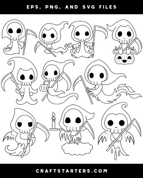 Grim Reaper Line Art, Cute Grim Reaper Drawing, Cute Grim Reaper Tattoo, Chibi Grim Reaper, Cute Reaper, Grim Reaper Drawing, Cute Grim Reaper, Reaper Drawing, Black And White Clip Art