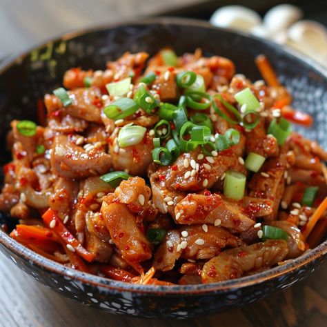 🔥 Spice up your meal with Jeyuk Bokkeum! #KoreanFood #SpicyDelight Jeyuk Bokkeum (Spicy Stir-Fried Pork) Ingredients: Pork belly, sliced (1 lb) Onion, sliced (1) Carrot, julienned (1) Green onions, chopped (2) Gochujang (Korean red pepper paste) (3 tbsp) Soy sauce (2 tbsp) Sugar (1 tbsp) Garlic, minced (4 cloves) Ginger, minced (1 tsp) Sesame oil (1 tbsp) Sesame seeds (1 tbsp) Instructions: In a bowl, mix gochujang, soy sauce, sugar, garlic, ginger, and sesame oil. Add pork slices and mar... Jeyuk Bokkeum, Red Pepper Paste, Pepper Paste, Instagram Recipes, Twisted Recipes, Marinated Pork, Spicy Pork, Trending Recipes, Fried Pork