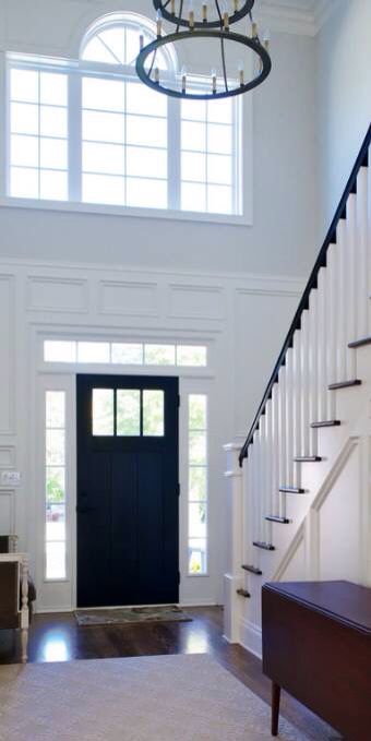 2 story foyer Door Trim Ideas Moldings, Black Interior Door, Foyer Stairs, Design Hall, Black Front Doors, Foyer Ideas, Beautiful Home Designs, Foyer Decor, Foyer Decorating