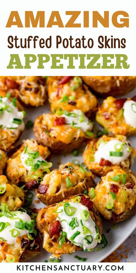 Our Amazing Stuffed Potato Skins Appetizer will be the highlight of your gathering. Crispy potato halves are packed with a creamy, cheesy mix of pancetta, cheddar, and red Leicester. Baked to perfection and topped with a dollop of sour cream and fresh spring onions, these appetizers are a guaranteed crowd-pleaser. Perfect for game days or cozy gatherings, they deliver rich flavors in every bite. Red Potato Appetizers, Potato Skin Bites, Potato Skins Appetizer, Stuffed Potato Skins, Tree Bread, Christmas Tree Bread, Football Foods, Red Potato Recipes, Kitchen Sanctuary