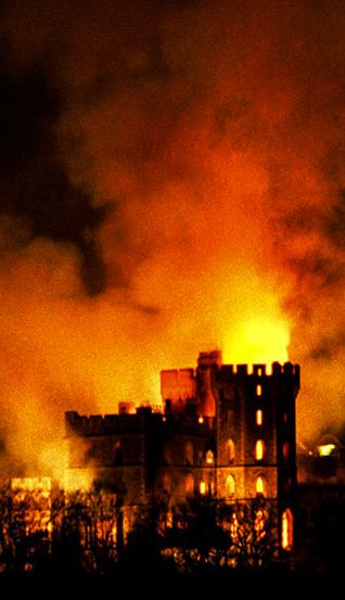 Windsor Castle Fire • 20 November 1992 .... ♥♥ ....  Windsor Castle is an official residence of The Queen and the largest occupied castle in the world. A Royal home and fortress for over 900 years, the Castle remains a working palace today... Windsor Castle Fire, Building On Fire, Kubo And The Two Strings, Grey Warden, Windsor Castle, Story Inspiration, Dragon Age, On Fire, Seattle Skyline