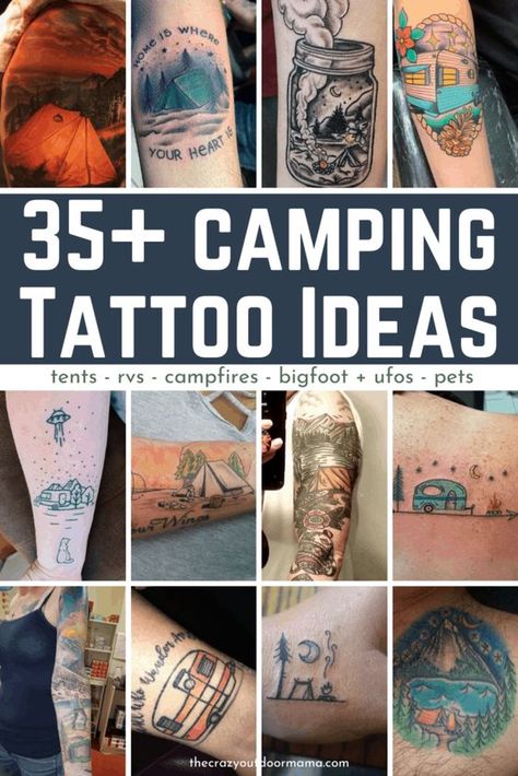 Tattoo Ideas For Women Camping Sleeve Tattoo, Camper Tattoos, Camper Tattoo, Camping Tattoo Ideas, Campfire Tattoo, Small Pop Up Campers, Camping Tattoo, Tattoo Collection, Pop Up Camper