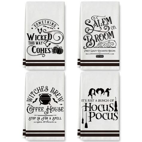 PRICES MAY VARY. WHAT YOU WILL GET: 4 pack dish towels in different designs, featuring the theme of Halloween, unique and delicate, which will brighten up your home and kitchen. FESTIVE DESIGN: Our dish towels are patterned with withes signs and sayings, spooky and festive, the design of white and black make them look simple and classic, enhancing horror atmosphere for your home and party. DURABLE MATERIAL: Made of good quality microfiber, soft and skin-friendly, reusable and can be used for a l Vintage Witches, Pumpkin Dishes, Halloween Kitchen Towels, Halloween Dishes, Halloween Kitchen, Vintage Witch, Primitives By Kathy, Kitchen Dish Towel, Theme Halloween