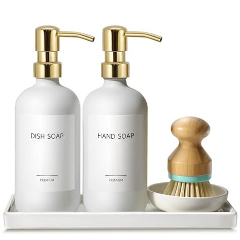 GMISUN Kitchen Soap Dispenser, 16 Oz Kitchen Dish Soap Dispenser Set with Ceramic Tray & Bamboo Brush, 2Pcs Farmhouse Dish Soap Dispenser for Kitchen, Modern White Glass Liquid Hand Soap Dispenser Bathroom Soap Dispenser Ideas, Soap Tray Kitchen, Kitchen Soap Tray, Soap Dispenser Kitchen, Soap Dispenser Tray, Soap Dispenser Set, Sink Organization, Bamboo Dishes, Kitchen Sink Organization