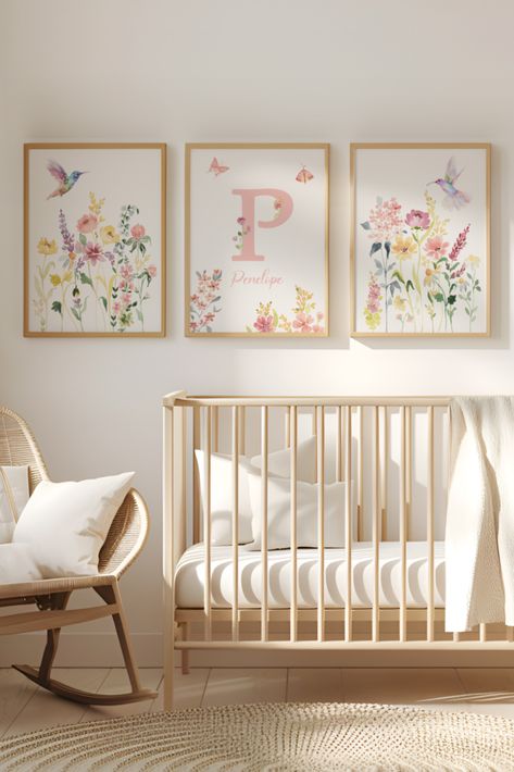 These lovely hummingbirds and wildflowers with initial name watercolors would be a beautiful boho accent to your girl's nursery room. The illustrations are made in digital files from our original hand-painted watercolor paintings. Colibri Bird, Baby Girl Name, Girl Nursery Room, Floral Initial, Initial Prints, Girl Name, Bird Artwork, Hummingbirds