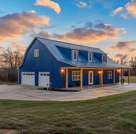 Blue Barndominium Exterior, Blue Barndominium, Blue Garage, Blue Barn, Cozy Interiors, Cozy Weekend, Barn House Design, Barn Garage, Garage House Plans