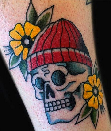 Skull with Beanie Tattoo Beanie Tattoo, Team Zissou, Satanic Tattoos, Food Tattoos, Tatuaje A Color, Red Beanie, R Tattoo, Traditional Tattoo Art, Skull Artwork