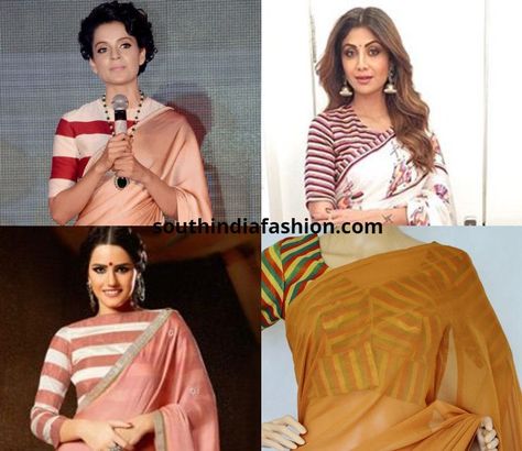 Striped Blouse Designs, Striped Blouses, Strip Blouse, Plain Saree, Of Sarees, Peplum Styling, Neck Piece, Striped Sleeve, Saree Styles