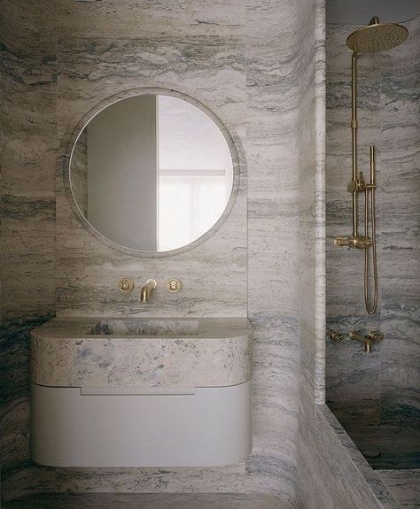 Travertine Bathroom, Neutral Bathroom, Stone Bathroom, Apartment Projects, Marble Vanity, Have A Shower, Dream Bathrooms, Bathroom Inspo, Bathroom Style