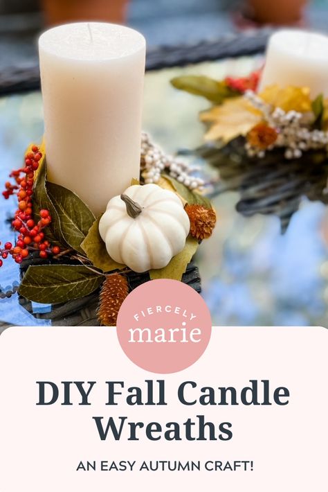 These pretty DIY Fall Candle Wreaths are easy to make and a wonderful craft for autumn or Thanksgiving centerpieces or accents! #DIY #Decor #Decoration #Crafts #Fall #Autumn #Easy #Candle #Wreath Candle Wreath Centerpiece, Candle Rings Centerpiece, Fall Candle Centerpieces, Fall Candles Diy, Thanksgiving Leaves, Floral Candle Rings, Candle Wreath, Fall Mantle Decor, Florida Decor