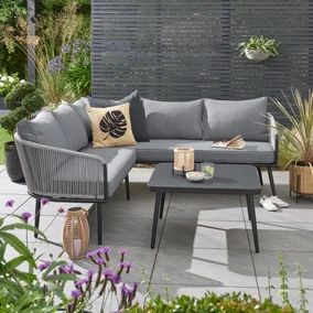 Grey Garden Furniture, Aluminium Garden Furniture, Courtyard Gardens, House Vibes, Backyard Seating, Glass Table Top, Corner Sofa Set, Round Sofa, Garden Idea