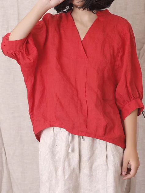 Linen Summer Outfits, Buttons Design, Linen Tops, Linen Top Women, Women Blouse, Linen Blouse, Loose Style, Fashion Design Clothes, Linen Top