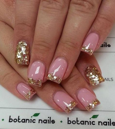 Gold themed glitter nail art design in French tip atop a clear base coat. Pink Gold Nails, Botanic Nails, Fav Hairstyles, Silver Glitter Nails, Gold Glitter Nails, Her Nails, Super Nails, Nail Swag, Bohol