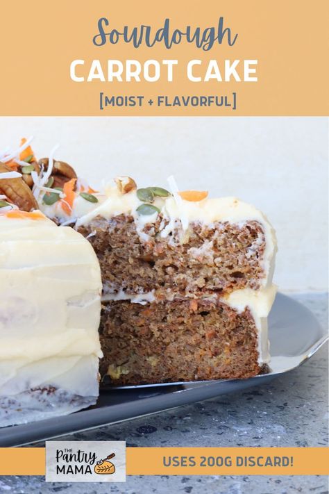 The best sourdough carrot cake you'll ever eat! Deliciously moist with a tender crumb and using 200g of sourdough starter or discard. Sourdough Desert, Discard Desserts, Bread Sheeran, Sourdough Carrot Cake, Sourdough Sweets, Sourdough Desserts, The Pantry Mama, Delicious Discoveries, Pantry Mama