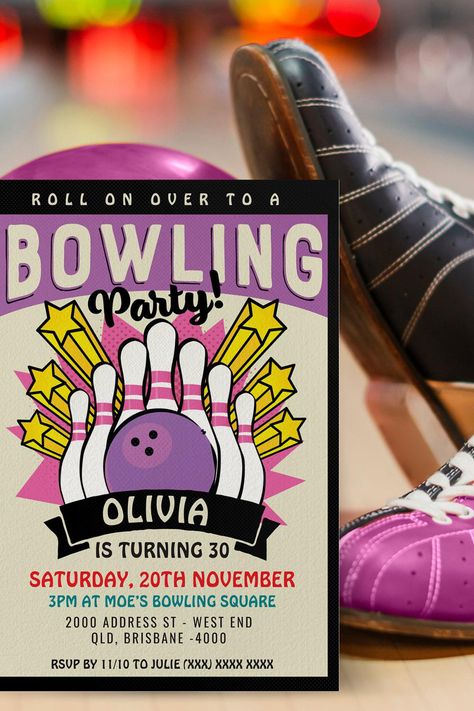 Retro Bowling Birthday Party Invitation Bowling Party Ideas, Bowling Birthday Party Invitations, Bowling Party Invitations, Bowling Birthday Party, Retro Bowling, Bowling Birthday, Bowling Party, Retro Birthday, Birthday Party Invitation