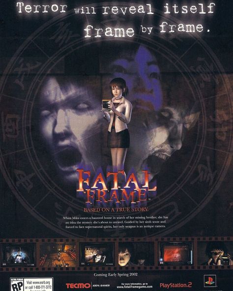 video game ads from magazines Retro Games Poster, Video Game Posters, Japanese Horror, Frame Poster, Horror Video Games, Fatal Frame, Survival Horror Game, Ps2 Games, Retro Horror