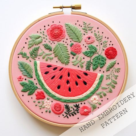 Watermelon Embroidery PDF Pattern Download, Cute Fruit Decor, Watermelon Embroidery PDF Design, Farm Embroidery Design, Cute Kitchen Decor - Etsy Embroidery Fruits And Vegetables, Summer Embroidery Designs, Fruits Embroidery, Modern Embroidery Patterns, Cake Embroidery, Watermelon Embroidery, Book Embroidery, Farm Embroidery, Fruit Embroidery