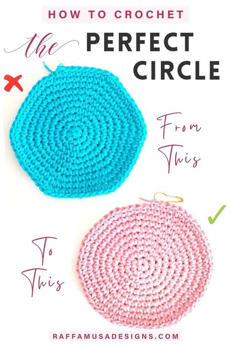 two crochet circles made using single crochet stitches Crochet Circle Pattern, Crochet Coasters Free Pattern, Crochet Storage Baskets, Crochet Ball, Crochet Stitches Guide, Crochet Storage, Crochet Decrease, Perfect Circle, Crochet Hexagon