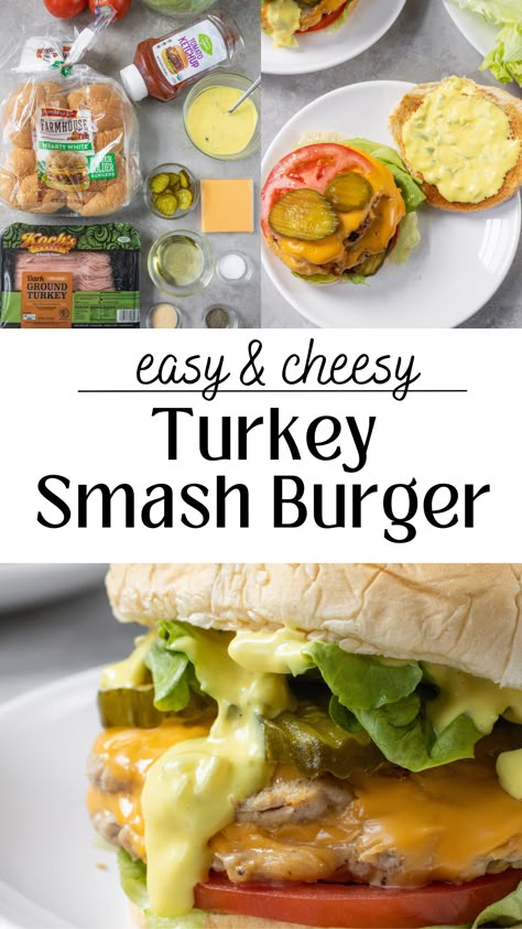 This is the best way to make ground turkey burgers. These Turkey Smashburgers are easy to make, come out juicy, and feature Smash Burger’s beloved Smash Sauce. This si a great quick dinner idea. Turkey Burgers On The Stove, Turkey Smash Burgers, Burgers On The Stove, Ground Turkey Burgers, Smash Burger Recipe, Juicy Turkey, Smash Burgers, Turkey Burger Recipes, How To Cook Burgers